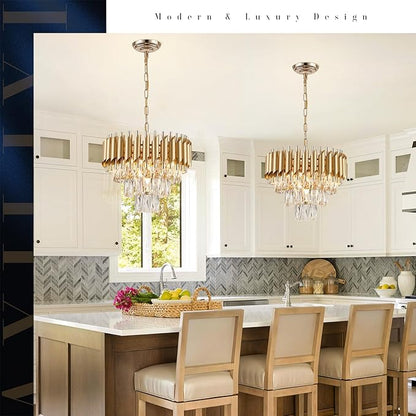 AXILIXI Gold Crystal Chandeliers 16” Modern Ceiling Pendant Light Fixture for Dining Room 3 Tiers Dimmable Round Flush Mount Chandeliers for Living Room Foyer Bedroom Kitchen