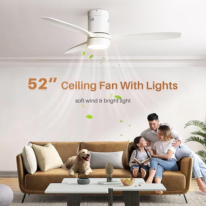 Sofucor 52 Inch Smart Ceiling Fans with Light-Modern Solid Wood Outdoor 3 Blades Ceiling Fan with Light Alexa/Google/APP/Remote Control for Bedroom Living Room Farmhouse Indoor, Quiet DC Motor,White