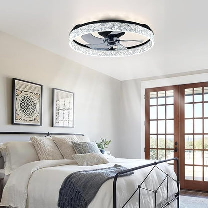 Depuley Bladeless Ceiling Fans with Lights: 20" Black Modern Low Profile Flush Mount Ceiling Fan with App Remote Control - Bedroom Enclosed Crystal Fandelier with Dimmable LED for Living Room Kitchen