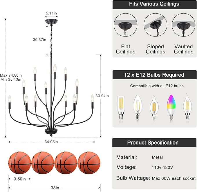 12-Light Black Chandelier for Dining Room, 34 Inch Large Farmhouse Chandeliers for High Ceilings, Foyer Industrial Modern Pendant Light Fixture for Living Room Entryway Hallway Kitchen Island Lights
