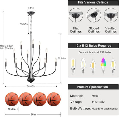 12-Light Black Chandelier for Dining Room, 34 Inch Large Farmhouse Chandeliers for High Ceilings, Foyer Industrial Modern Pendant Light Fixture for Living Room Entryway Hallway Kitchen Island Lights