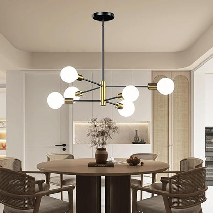 6-Light Black and Gold Mid Century Ceiling Chandelier Height Adjustable for Living Room, Kitchen, Dining Room, Bedroom,Foyer (Bulbs Not Included)