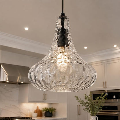 AUTELO Black Pendant Lights Kitchen Island, 10" Hammered Pendant Lights, Industrial Hanging Lamp in Matte Black Finish and Clear Hammered Glass, Pendant Light Fixtures for Dining Room, H9164 HMBK