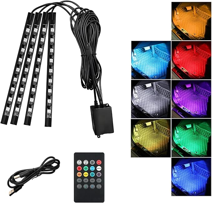 Car Led Interior Lights, RGB 36LED Multicolor Auto Strip Light with Sound Active Function and Remote Control, Under Dash Smart Lighting Kit with Charger, Car Accessories (USB)