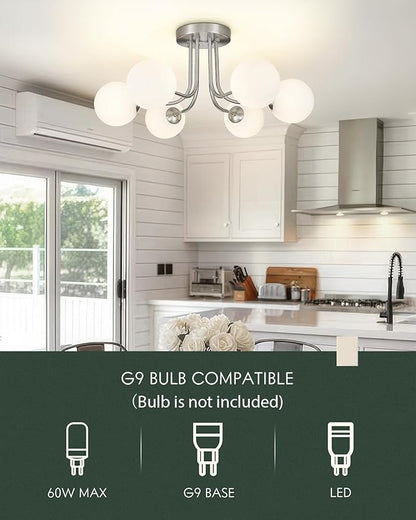 Brushed Nickel Ceiling Light in Modern Farmhouse Design Features 6 Frosted Glass Shades, Ideal for The Living Room, Bedroom, or Dining Room. Model: CKCL4845-6W-BN