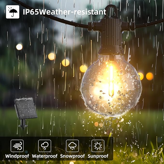 Kawaya Outdoor Solar String Lights, IP65 Waterproof Shatterproof Edison Hanging Lights with USB-Charging LED Solar Patio Light for Yard Fence Porch Camping Party and Garden Decor