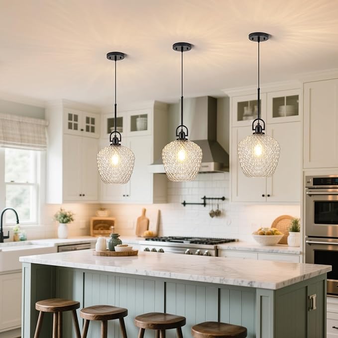 Large Glass Pendant Lights Kitchen Island, 10" 1-Light Black Pendant Light Fixtures with Hammered Glass, Modern Hanging Light for Kitchen Island Dining Room Entryway Foyer