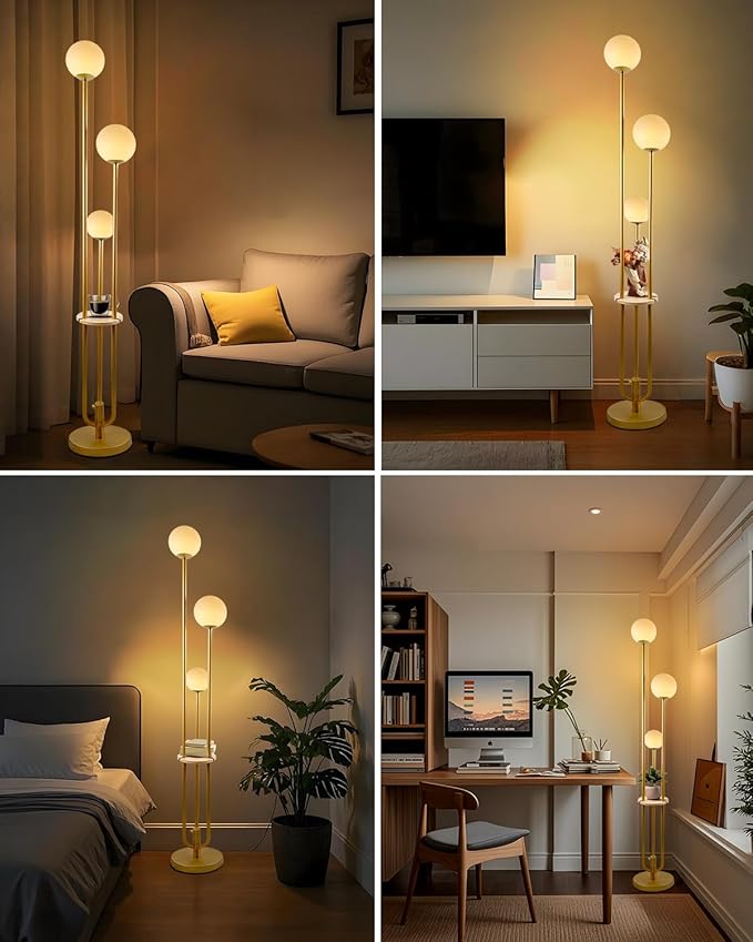 63IN Dimmable Floor Lamp with Shelf, Unique Globe Gold Tall Standing Lamps, 3000K Warmwhite Mid Century Modern Floor Lamp with 5Lbs Heavy Base for Living Room Home Office(Bulbs Included)