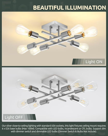 6-Light Semi Flush Mount Ceiling Light Fixture, Industrial Brushed Nickel Close to Ceiling Lighting, Modern E26 Base Sputnik Chandelier Ceiling Lamp for Kitchen Bedroom Living Room Hallway