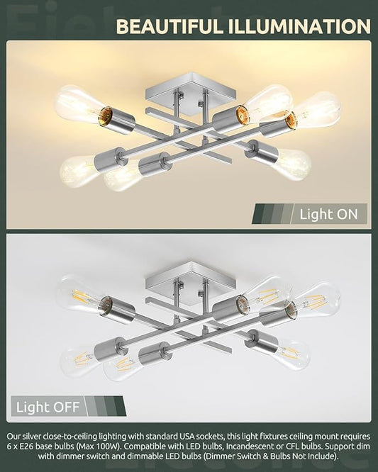 6-Light Semi Flush Mount Ceiling Light Fixture, Industrial Brushed Nickel Close to Ceiling Lighting, Modern E26 Base Sputnik Chandelier Ceiling Lamp for Bedroom Living Room Hallway, 2 Pack