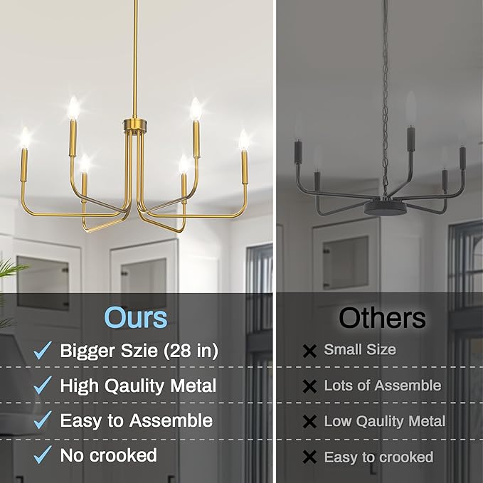 DORESshop Modern Chandelier for Dining Room, 6-Light 28" Brass Farmhouse Chandelier for Dining Room, Dining Light Fixtures Over Table for Bedroom, Hall Kitchen Living Room
