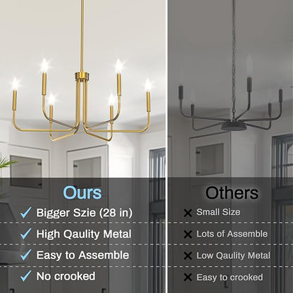 DORESshop Modern Chandelier for Dining Room, 6-Light 28" Brass Farmhouse Chandelier for Dining Room, Dining Light Fixtures Over Table for Bedroom, Hall Kitchen Living Room