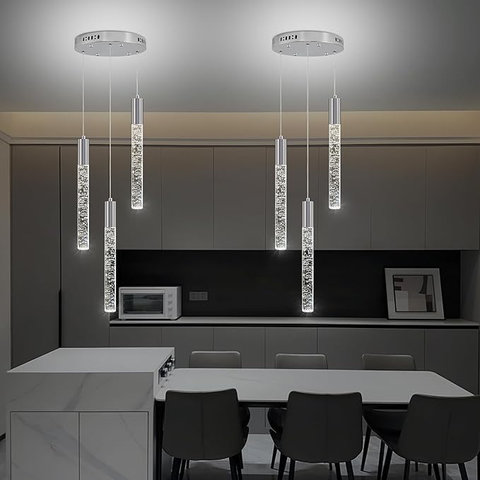 Modern Crystal Chandelier 3-Lights, Spiral LED Raindrop Kitchen Island Pendant Lighting, Bubble Foyer Dinimg Room Hanging Light Fixture Remote Control Chrome