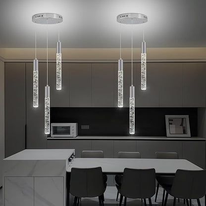 Modern Crystal Chandelier 3-Lights, Spiral LED Raindrop Kitchen Island Pendant Lighting, Bubble Foyer Dinimg Room Hanging Light Fixture Remote Control Chrome