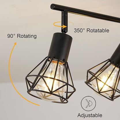 4-Light Track Lighting Fixtures Ceiling, Adjustable Black Track Light Fixture with Metal Wire Cage Farmhouse Chandelier for Dining Room,Kitchen, Bedroom, Hallway, E26 Base(Bulbs Not Included)