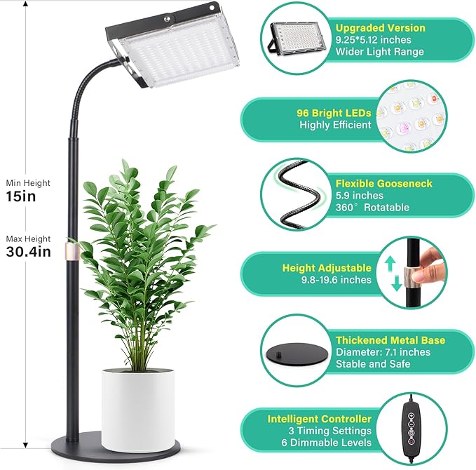 LBW Grow Light for Indoor Plants, Full Spectrum Desk LED Plant Light, Large Grow Lamp with 4H/8H/12H Timer, 6-Level Brightness, Height Adjustable, Flexible Gooseneck,Ideal for Indoor Growth