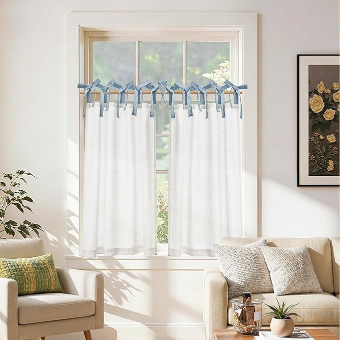 jinchan Linen Tie Top Curtains 36 Inch Length Farmhouse Cafe Curtains Set of 2 for Bedroom Bathroom Rustic Small Windows Light Filtering White Panels with Blue Ties