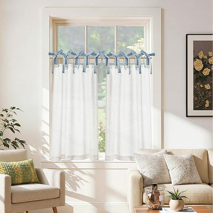 jinchan Linen Tie Top Curtains 36 Inch Length Farmhouse Cafe Curtains Set of 2 for Bedroom Bathroom Rustic Small Windows Light Filtering White Panels with Blue Ties