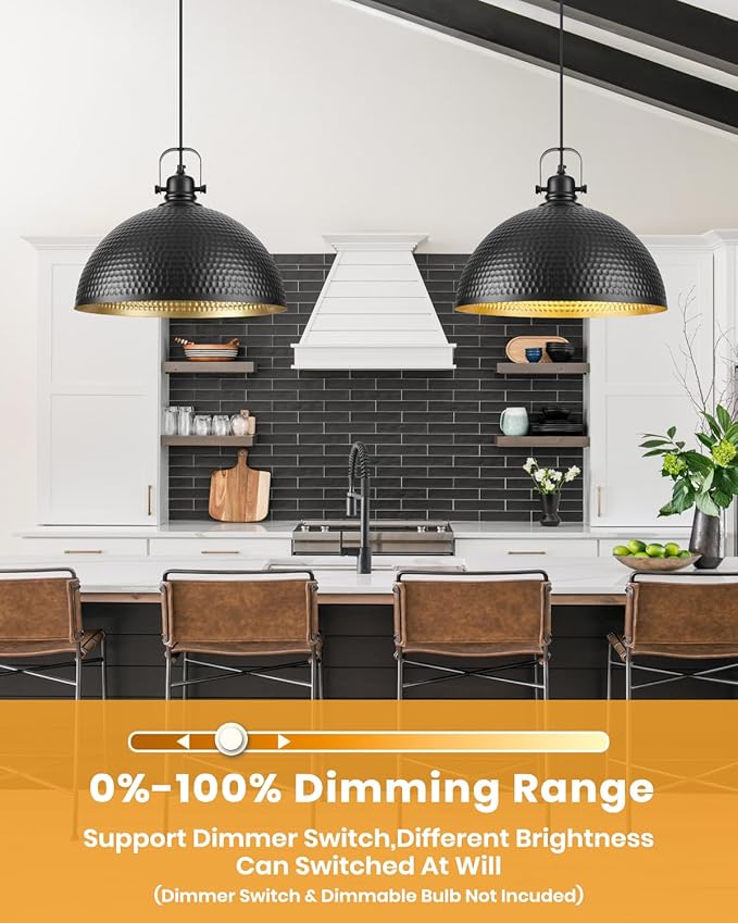 16 Inch Black and Gold Pendant Light Fixtures, Large Hammered Pendant Lights Kitchen Island, Vintage Dome Pendant Light for Kitchen, Dining Room, Bedroom,Bar
