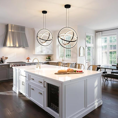 Modern LED Chandelier 3 Rings Black Circle Hanging Pendant Lighting Dimmable Round Ring Kitchen Island Chandelier Creative DIY for Dining Living Room Bedroom Height Adjustable