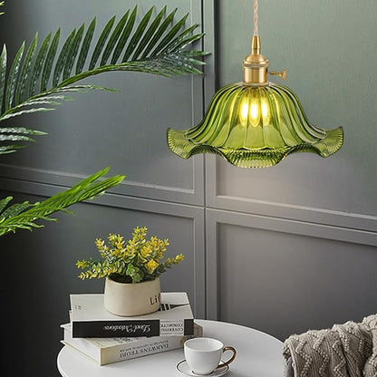 Vintage Pendant Lights Kitchen Island 2 Pack, Adjustable Pendant Light Fixtures with Green Lily Glass Lampshade, Gold Kitchen Pendant Lighting Over Island, Pendant Light for Dining Room Hallway