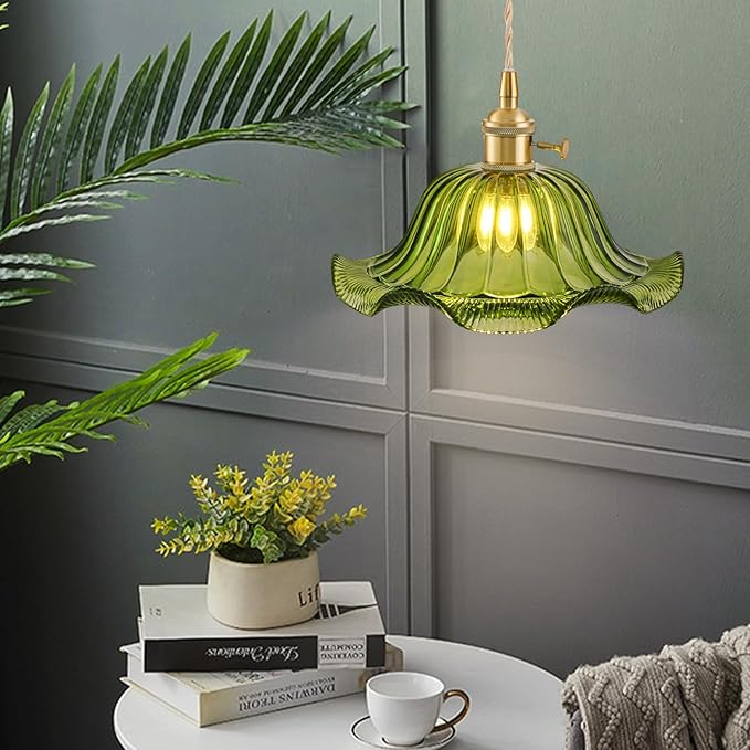 Vintage Pendant Lights Kitchen Island, Adjustable Brass Pendant Light Fixtures with Green Lily Glass Lampshade, Gold Kitchen Pendant Lighting Over Island, Pendant Light for Dining Room Hallway
