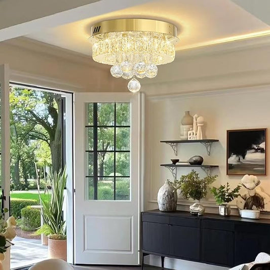 Dia 12" Mini Chandelier Flush Mount Chandelier for Hallway, Crystal Ceiling Chandeliers for Dining Room, Bedroom, Living Room, Entryway, Kitchen (Gold Ceiling Light Fixture)