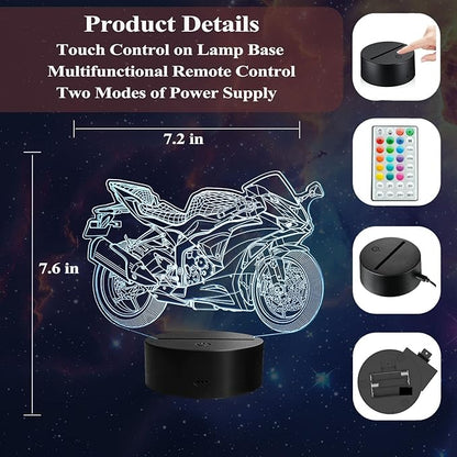 Motorcycle Night Light, Motorcycle Gifts, 3D Illusion Lamp with Remote Control, 16 RGB Colors, 4 Flashing Modes, Timer, Dimmable, Motorcycle Stuff for Decor for Holiday Birthday Christmas