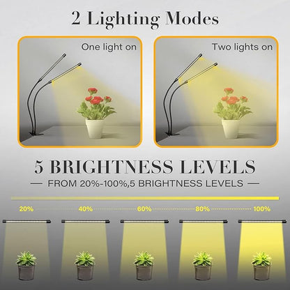 iPower LED Grow Lights for Indoor Plants, Full Spectrum Plant Growing Lamp with White Yellow LEDs, 5-Level Dimmable, Auto On Off with 4/8/12H Timer, 2 Tubes
