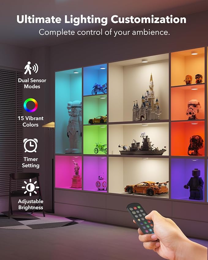 Radar Motion Sensor Puck Lights with Remote Control, RGB Rechargeable Wireless Under Cabinet Lighting for Kitchen, Magnet Stick on LED Closet Lights, Cordless Night Light for Counter, Stair, Bookshelf