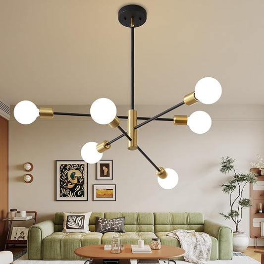 Sputnik Chandelier Mid Century Modern Industrial E26 Pendant Lighting Chandeliers Ceiling Light Fixture Black and Gold Light for Living Room,Kitchen,Bedroom,Dining Room and Farmhouse