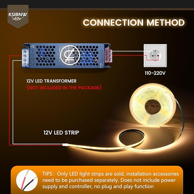 COB LED Strip Lights 16.4ft/5m, 12V LED Light Strip, Warm White 3000K Under Cabinet Lighting, Super Bright Flexible Tape Lights for Bedroom,Mirror,Kitchen,Living Room(Power Supply Not Included)