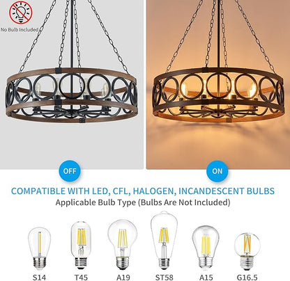 XINGQI Modern Farmhouse Chandelier 32.3" Large Drum 8 Lights Rustic Pendant Lighting Fixture for Living Room Dining Room Kitchen Island Bar Office, Round Metal Shade Black Wood Grain Finish