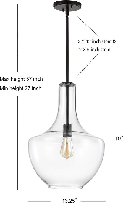 JONATHAN Y 13.25" Oil Rubbed Bronze/Clear Mid-Century Modern 1-Light LED Pendant Light Fixture, Adjustable Schoolhouse Hanging Lamp for Kitchen Island, Clear Glass Shade, LED Bulb Included (JYL6401B)