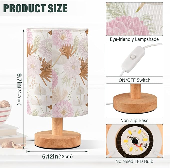 Bedside Table Lamp Dahlia Flowers Nightstand Lamp with Wood Boho Floral Desk Lamps for Bedroom Living Room Nursery Office Home Decor