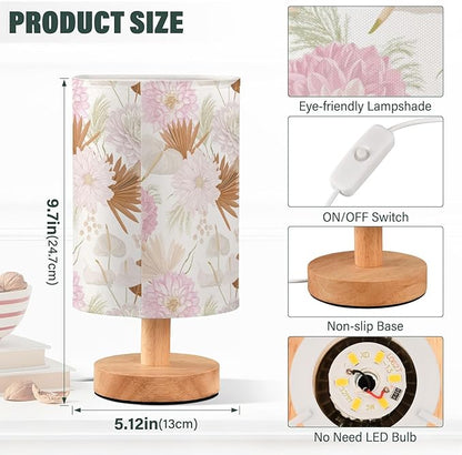 Bedside Table Lamp Dahlia Flowers Nightstand Lamp with Wood Boho Floral Desk Lamps for Bedroom Living Room Nursery Office Home Decor