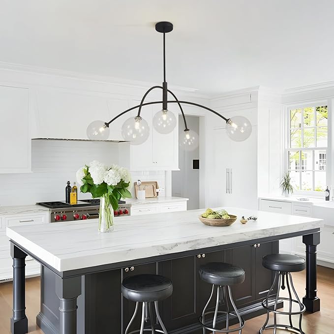 Mid Century Modern Sputnik Chandelier Adjustable 5 Light Pendant Light Fixture Clear Glass Black Ceiling Chandelier for Dining Room Kitchen Bedroom