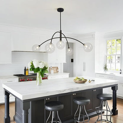 Mid Century Modern Sputnik Chandelier Adjustable 5 Light Pendant Light Fixture Clear Glass Black Ceiling Chandelier for Dining Room Kitchen Bedroom
