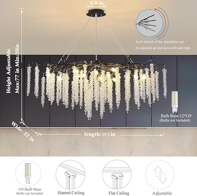 Tree Branch Chandelier L39.5 Inch Black Luxury Rectangular Crystal Raindrop Pendant Light 12 Lights Kitchen Island Hanging Light Fixture for Living Room Dining Room Foyer Entryway