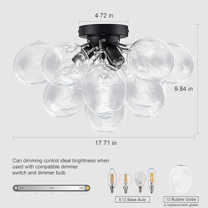GoYeel Bubble Flush Mount Ceiling Light 17.72"-Black Small Chandelier Glass Globe Kitchen Lights Ceiling with 13 Clear Glass Globe for Kid Room Girls Room Foyer Living Room