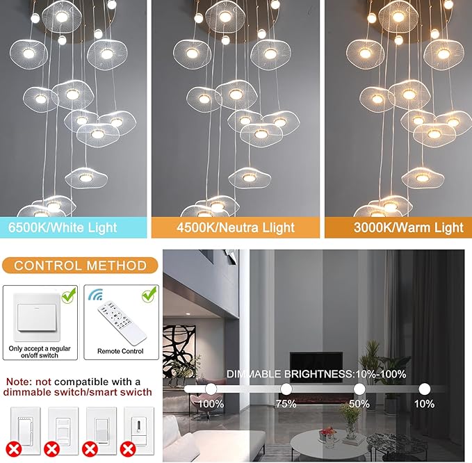 GEADI High Ceiling Chandelier,Petal Dimmable Modern LED Pendant Light with Remote Control,12-Light Height Adjustable Foyer Chandelier,Suitable for Staircase,Living Room,Entryway（Gold ）