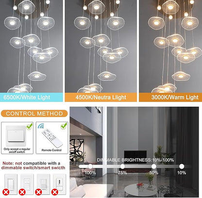 GEADI High Ceiling Chandelier,Petal Dimmable Modern LED Pendant Light with Remote Control,12-Light Height Adjustable Foyer Chandelier,Suitable for Staircase,Living Room,Entryway（Gold ）