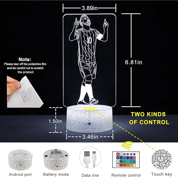 Argentina Soccer Player #10 3D Illsuion Lamp for Boys,16 Colors Changing Dimmable with Night Light，Football Fans Children's Day Gift，Football Fans for Children's Room Decoration (02)