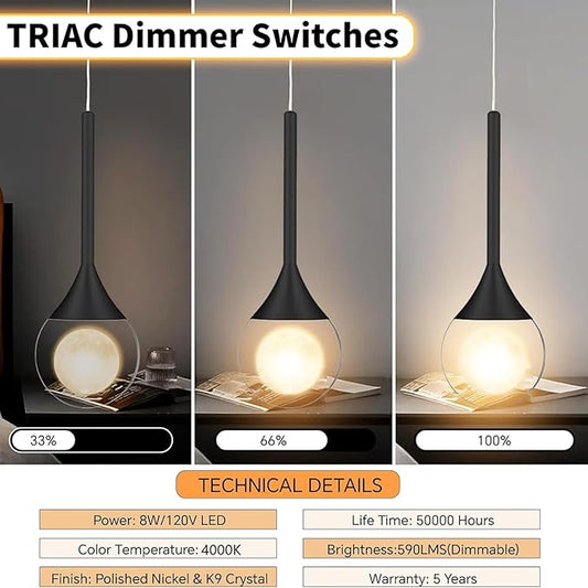 2 Pack Modern Crystal Moon Pendant Lights, Dimmable Natural White (3000K) LED Black Hanging Light Fixture for Kitchen Island, Dining Room, Bar, Bedroom