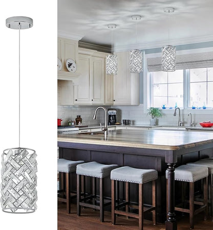 CATINER Modern Chrome Pendant Light, Mini Crystal Chandelier, Adjustable Lighting Fixture for Kitchen Island, Dining Room, Bedroom (Set of 3)