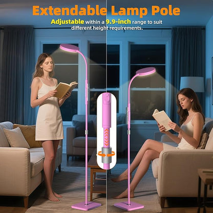 PACOVY Floor Lamp, Adjustable Height Floor Lamps for Living Room Bedroom, 120 LED Super Bright Standing Lamp Remote Control Dimmable Gooseneck Tall Stand Reading Lamp for Office Craft, Pink