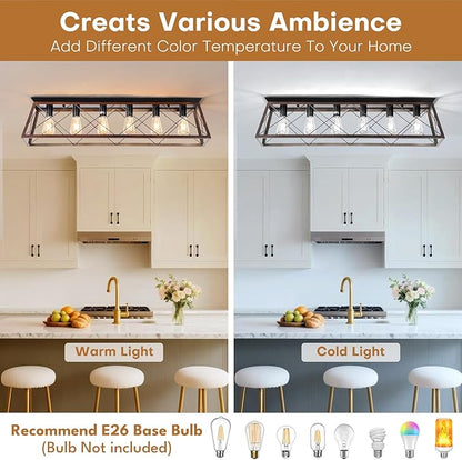 38" Large Brushed Bronze Flush Mount Ceiling Light Fixture, 6-Light Vintage Industrial Cage Chandelier for Dining Room Kitchen Island Living Room Hallway Entryway, Farmhouse Close to Ceiling Lighting