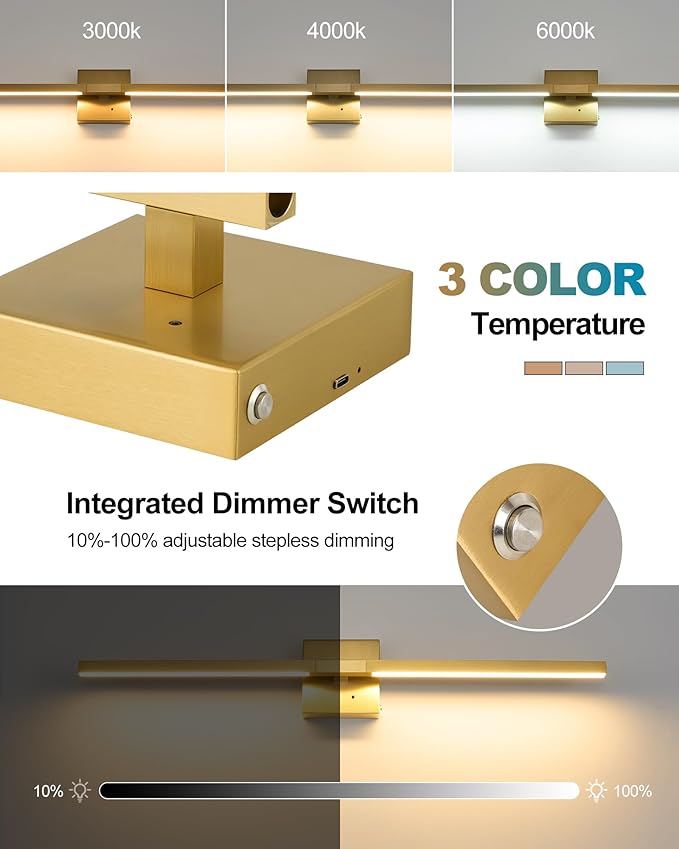 Rayogale 8000mAh Battery Operated Wall Sconce, 3000K/4500K/6000K Dimmable Gold Cordless Rechargeable Wall Sconces Set of Two with Timer Function for Living Room, Bedroom, Stairwell, 24 Inch
