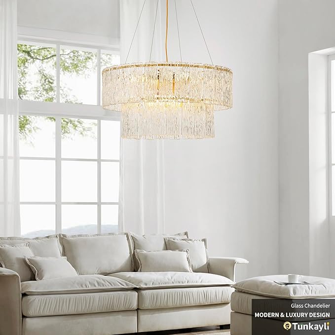 24" Modern Gold Crystal Chandelier Living Room 8-Light Crystal Elegant Lighting Large Glass Chandelier Luxury 2-Tier Round Chandeliers for Dining Room Foyer Living Room Bedroom