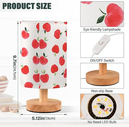 Table Lamp Watercolor Red Apple Pattern White Nightstand Lamp with Wood Base Fabric Lamp Shade Bedside Desk Lamp for Living Room Bedroom Kids Room Office